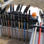 shovel rack, rake rack, tool rack, landscaping tool holder, broom rack, trailer, trailer tool rack, construction truck tool rack, tool holder, broom holder, shovel holder, rake holder